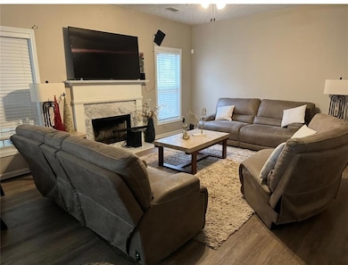 Living room featuring ceiling fan, a premium firep