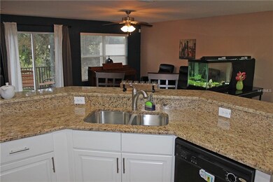 View from kitchen to living space and outside to t
