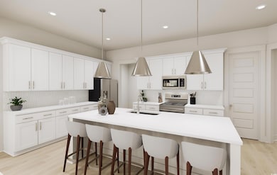 Kitchen with sink, tasteful backsplash, pendant li