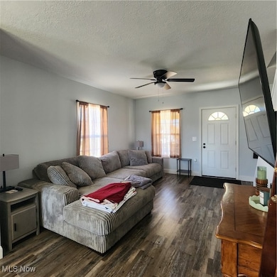 Living room with ceiling fan, dark wood-style floors, and a textured ceiling