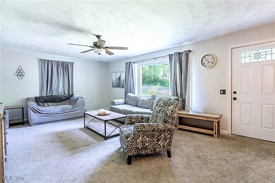 Carpeted living room featuring ceiling fan