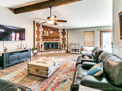 View of living room from kitchen entry.