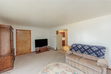 Carpeted living room with crown molding