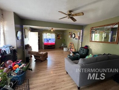 Living room with a ceiling fan and light wood-type flooring