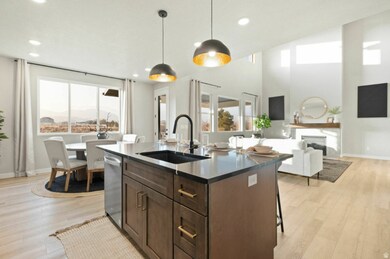 Kitchen with dark brown cabinetry, a fireplace, open floor plan, light wood-style floors, and recessed lighting