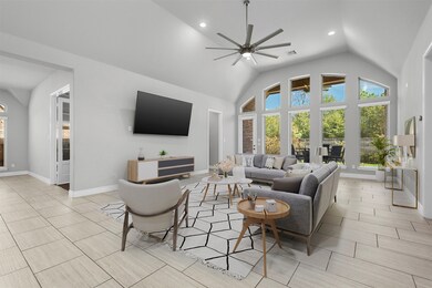 Family room with view of French doors leading into
