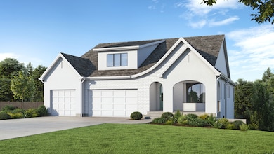 View of front of home with concrete driveway, roof with shingles, stucco siding, and an attached garage