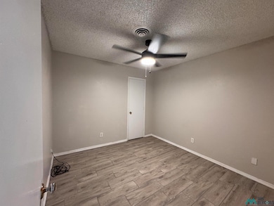 Unfurnished room featuring light wood-style floors, a textured ceiling, and ceiling fan