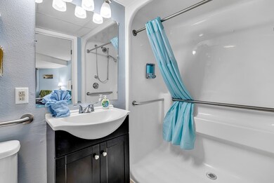 Bathroom with toilet, a shower with curtain, and v