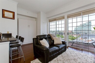 Living area with crown molding, dark wood-type flooring, and a city view