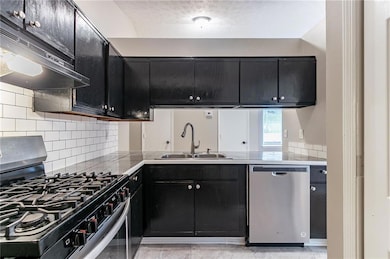Kitchen with appliances with stainless steel finishes, a sink, dark cabinets, and under cabinet range hood