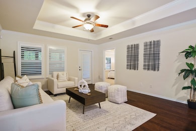 Large living room with raised ceiling