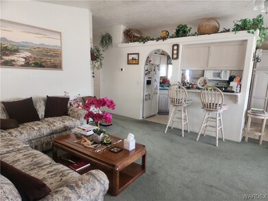 Carpeted living room with a kitchen bar and microw