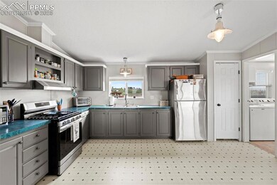 Kitchen with stainless steel appliances, gray cabinets, under cabinet range hood, pendant lighting, and crown molding