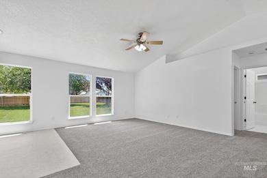 Unfurnished room with lofted ceiling, carpet floors, a ceiling fan, and a textured ceiling