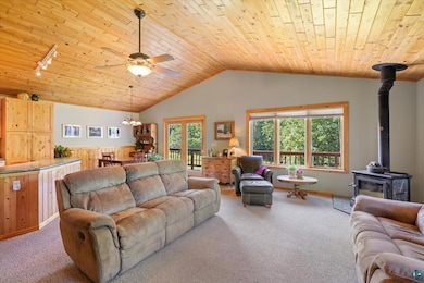Living room with a wood stove, carpet flooring, wooden ceiling, vaulted ceiling, and ceiling fan