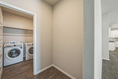 Laundry area with dark wood-type flooring and was