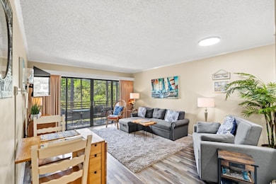 Living area featuring a textured ceiling and wood finished floors