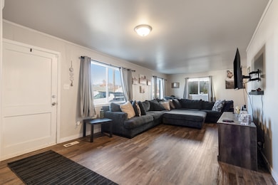 Living room with dark wood-style flooring and crown molding