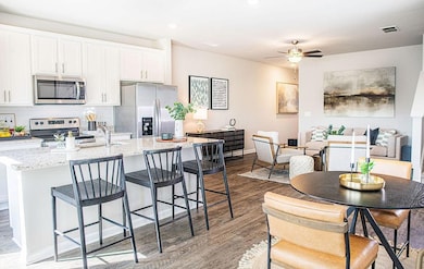 Kitchen featuring stainless steel appliances, wood finished floors, an island with sink, ceiling fan, and white cabinetry