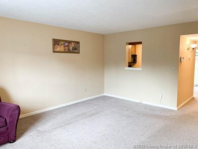 Spacious living room with window into kitchen.