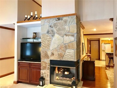 Gas fireplace between great room and dining room