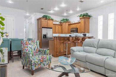 Tiled living room featuring crown molding