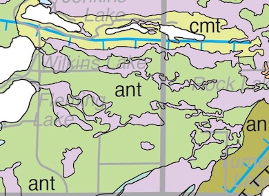 Peat/organic sediments (purple) & sandy loam/clay loam till (green)