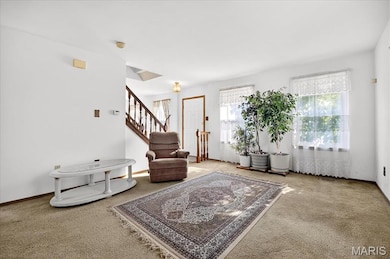 Sitting room featuring stairs and carpet