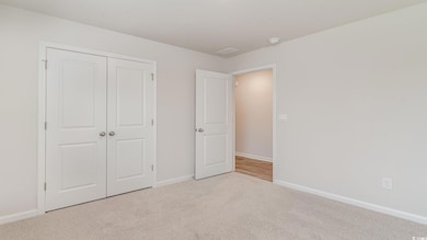 Unfurnished bedroom with a closet and light carpet
