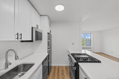 Kitchen with light wood finished floors, appliances with stainless steel finishes, white cabinetry, radiator heating unit, and decorative backsplash