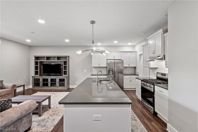 Another kitchen view of the island with sink, white cabinets, luxury vinyl plank flooring, stainless steel appliances.