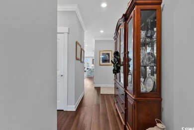 Hallway with dark hardwood / wood-style flooring a