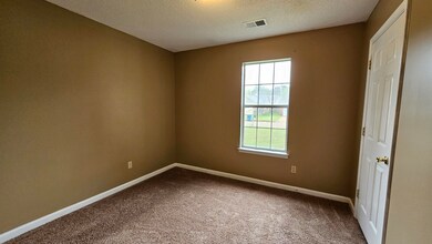 Empty room with a textured ceiling and carpet floo
