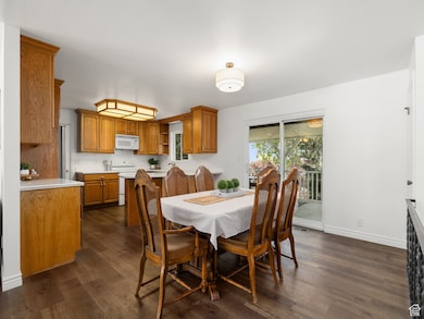 Dining room with dark wood-type flooring and baseboards