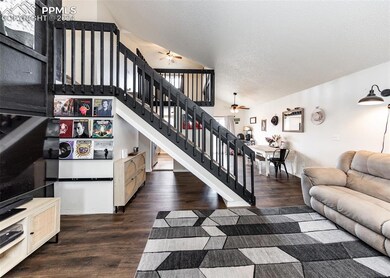 Living room featuring high vaulted ceiling, dark h