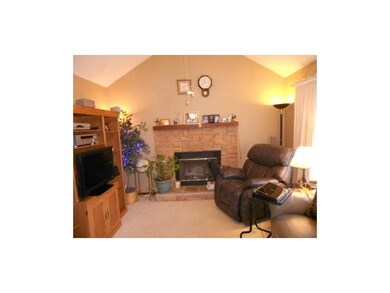 Family room with vaulted ceiling. Wood burning fir