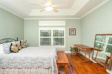Bedroom with wood finished floors, multiple windows, crown molding, a tray ceiling, and ceiling fan