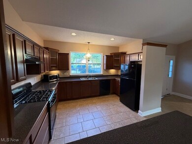 Kitchen with black appliances, dark brown cabinets, hanging light fixtures, under cabinet range hood, and recessed lighting