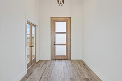 Foyer entrance with light wood finished floors, an