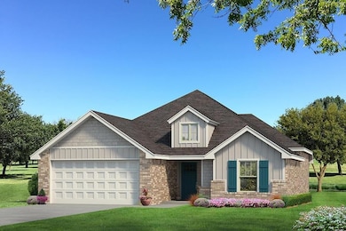 View of front facade with brick siding, board and batten siding, an attached garage, and a front yard