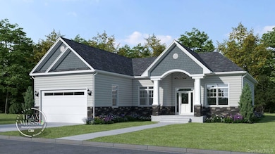 View of front of property with stone siding, a front yard, an attached garage, driveway, and roof with shingles