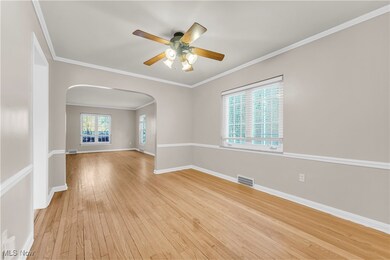 Spare room featuring ornamental molding, ceiling fan, and light wood-type flooring