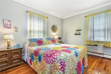 Bedroom with hardwood / wood-style flooring, crown molding, and baseboard heating