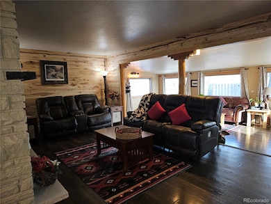 Main Home Living Room with open area to Family Room includes a pellet stove and see through fireplace to kitchen.