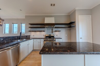 Modern kitchen featuring dark granite countertops,