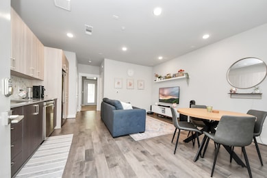 This modern open-concept living area features a sleek kitchen with European imported cabinetry and stainless steel appliances, a cozy seating area with a TV, and a stylish dining space. It's well-lit with recessed lighting.