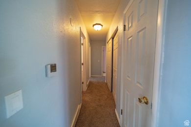 Hallway featuring dark carpet and a textured wall
