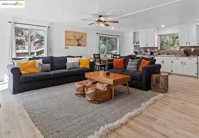 Living room with a textured ceiling, light hardwood / wood-style floors, ceiling fan, and sink