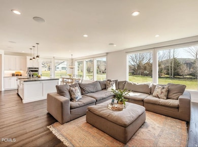 Living area featuring dark wood-type flooring and recessed lighting